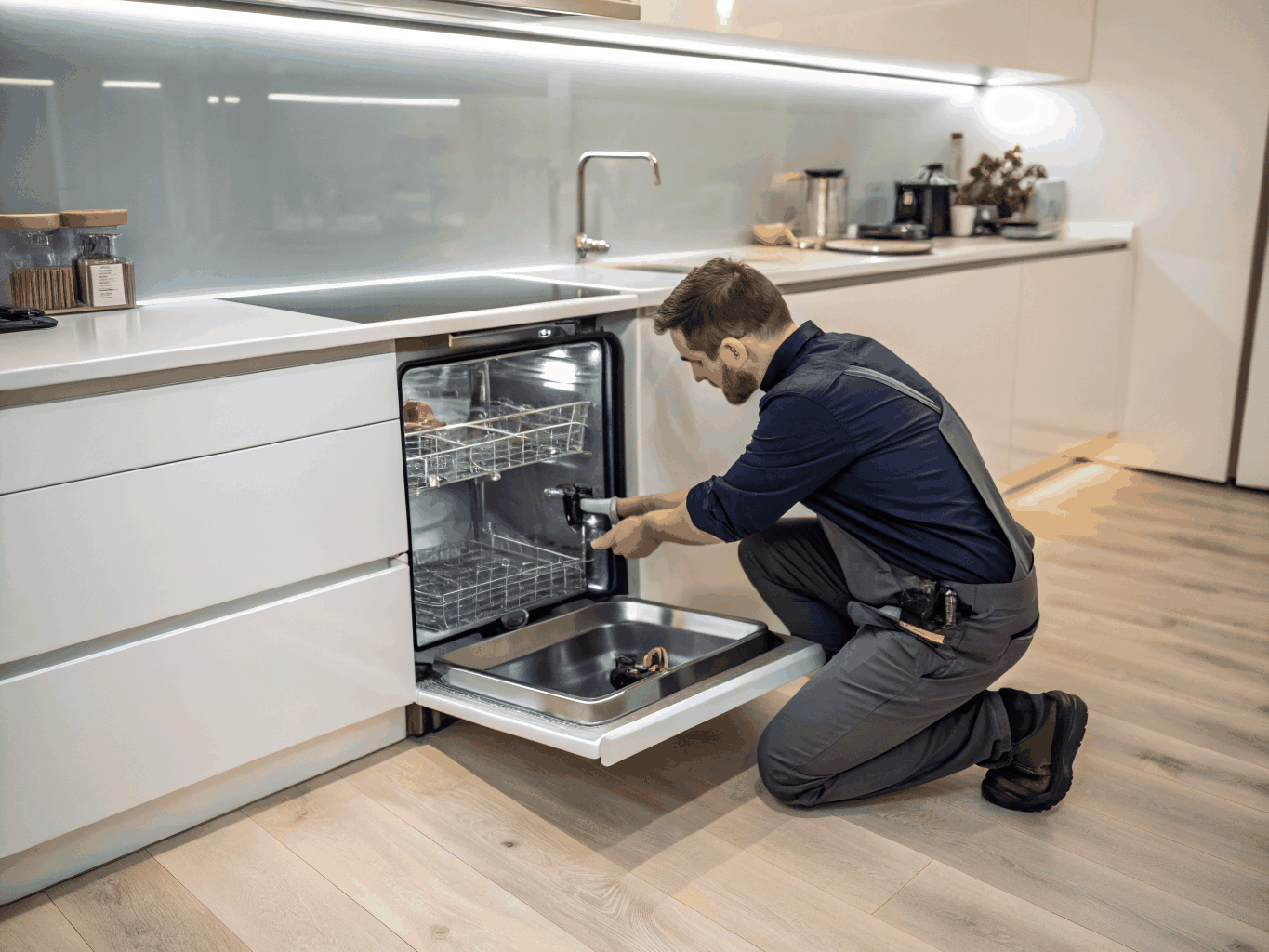 Qualified appliance repair technician working on kitchen unit