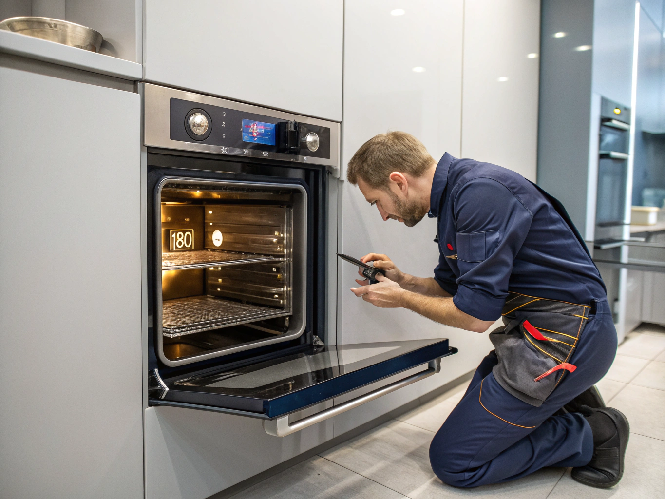 Atlanta kitchen appliance repair technician inspecting a wall oven and range cooktop